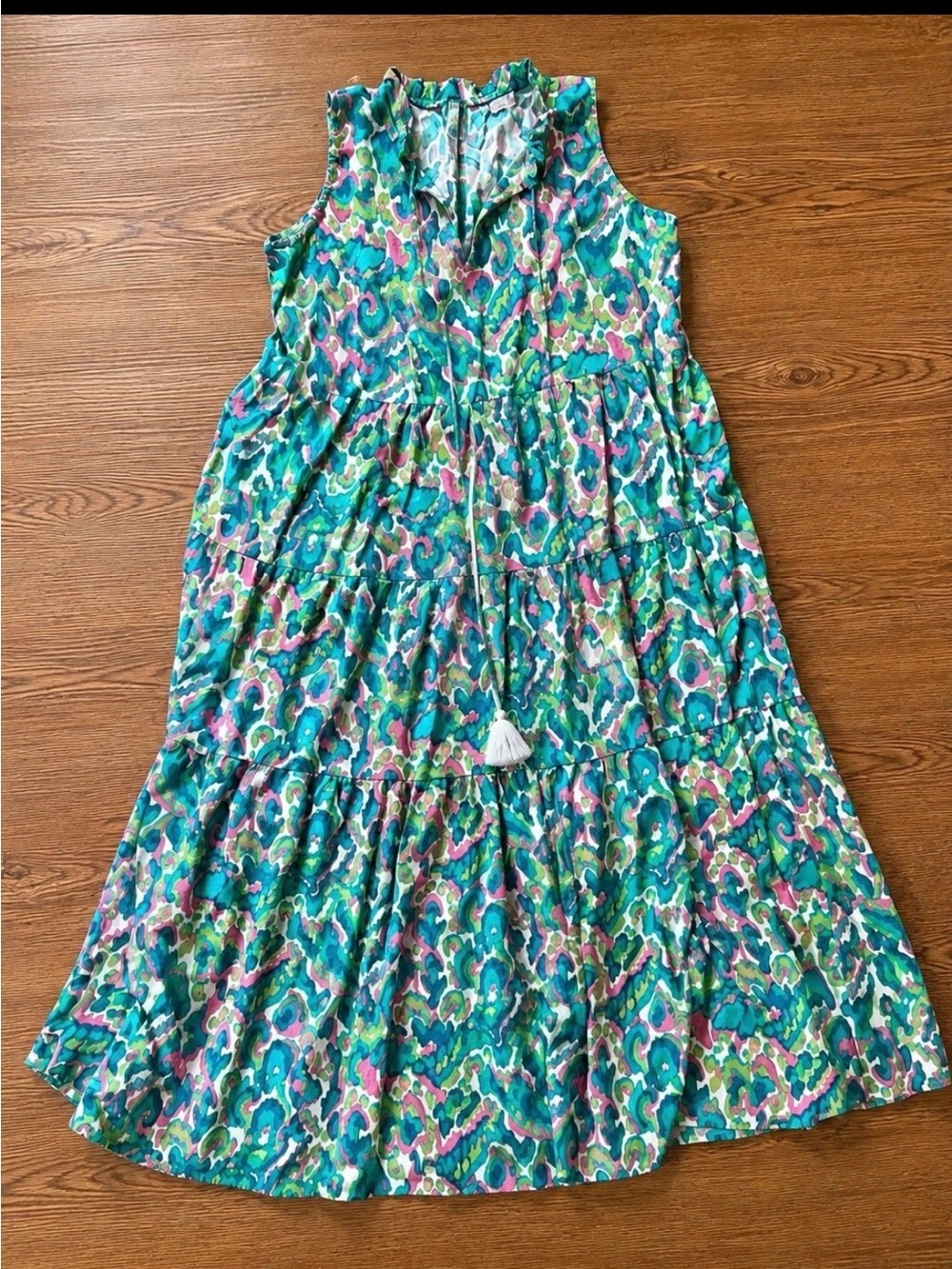 SHEIN Teal Multi-Color Tiered Sleeveless Dress with Tassel (missing 1 tassel) S
